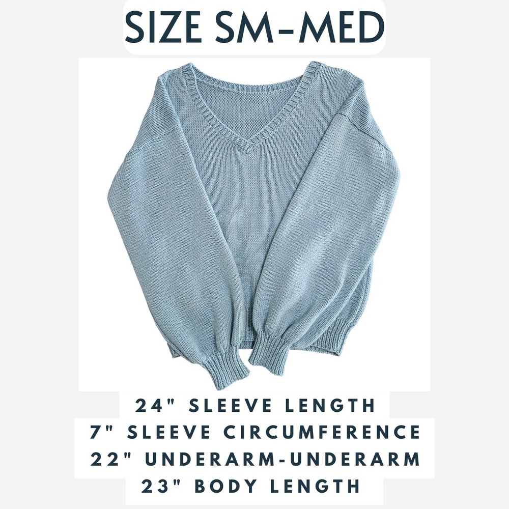 Handmade Knit Sky Blue Oversized Sweater‎ | Cozy V-Neck Pullover - Picture 2 of 8